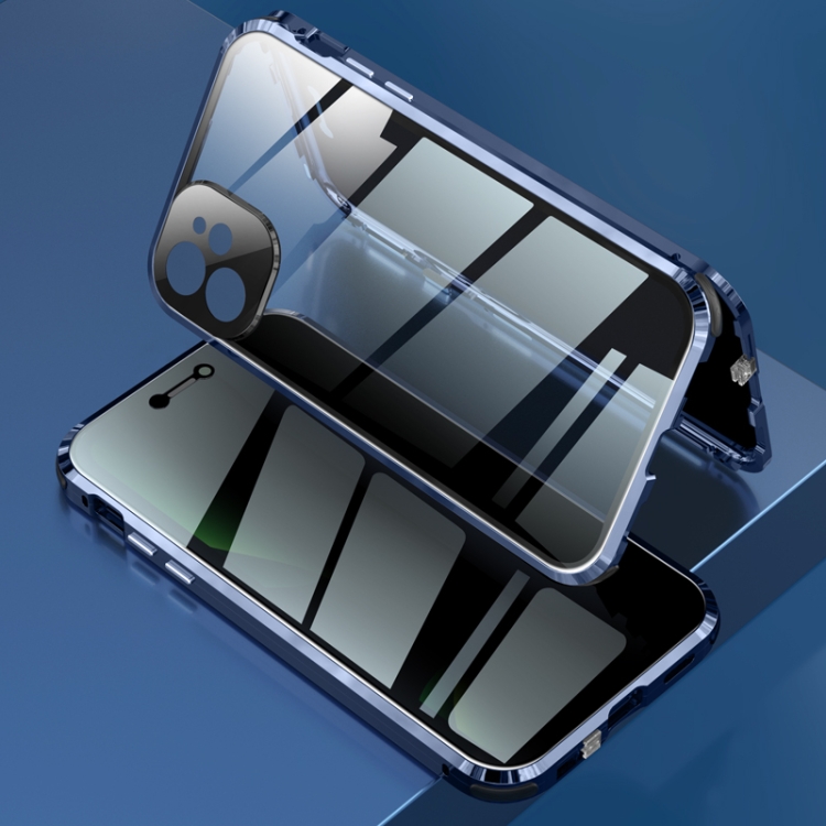 

For iPhone 11 Four-corner Shockproof Anti-peeping Magnetic Metal Frame Double-sided Tempered Glass Case (Blue)
