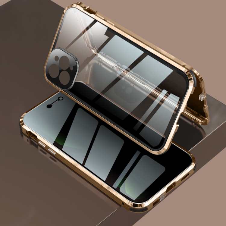 

For iPhone 11 Pro Max Four-corner Shockproof Anti-peeping Magnetic Metal Frame Double-sided Tempered Glass Case (Gold)