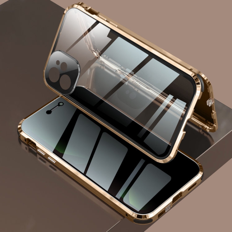 

For iPhone 12 Four-corner Shockproof Anti-peeping Magnetic Metal Frame Double-sided Tempered Glass Case(Gold)