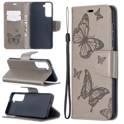 

For Samsung Galaxy S21 5G Embossing Two Butterflies Pattern Horizontal Flip PU Leather Case with Holder & Card Slot & Wallet & Lanyard(Grey)