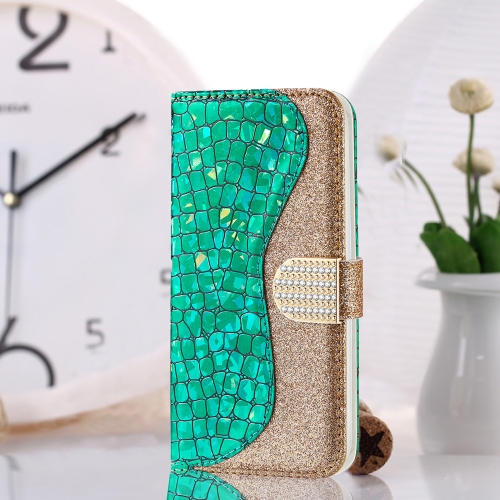 

For Samsung Galaxy S21 5G Laser Glitter Powder Matching Crocodile Texture Horizontal Flip Leather Case with Card Slots & Holder(Green)