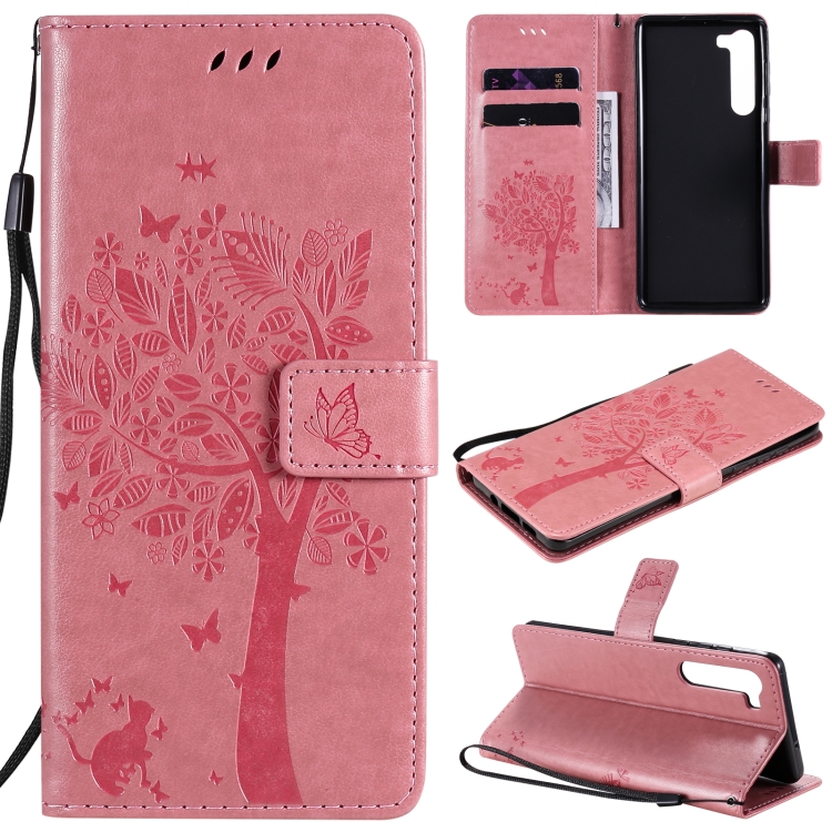 Pour Motorola Edge Tree & Cat Pattern Pressed Printing Étui en cuir PU