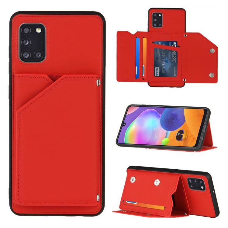 

For Samsung Galaxy A31 Skin Feel PU + TPU + PC Back Cover Shockproof Case with Card Slots & Holder & Photo Frame(Red)