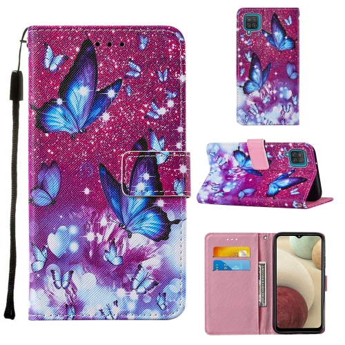 

For Samsung Galaxy A12 Cross Texture Painting Pattern Horizontal Flip Leather Case with Holder & Card Slots & Wallet & Lanyard(Purple Butterflies)