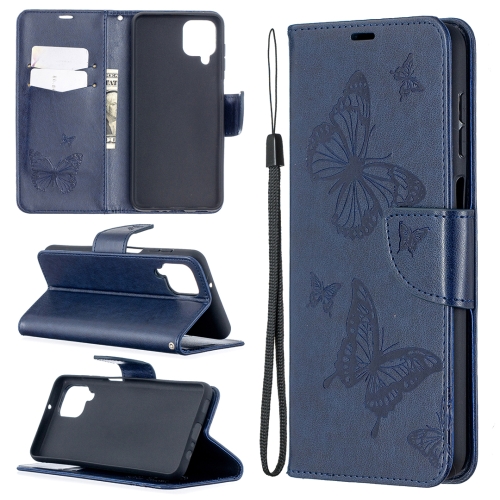 

For Samsung Galaxy A12 Two Butterflies Embossing Pattern Horizontal Flip Leather Case with Holder & Card Slot & Wallet & Lanyard(Dark Blue)