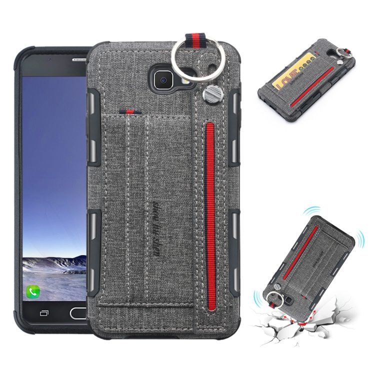 SUNSKY - Para Galaxy J7 Prime Cloth Texture + TPU Capa protetora à prova de  choque com anel de metal e suporte e slots de cartão e alça suspensa (cinza)