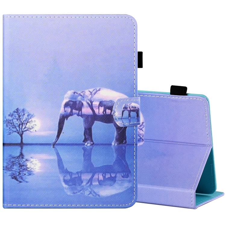 

For 10 inch Tablet PC Universal Sewing Thread Horizontal Painted Flat Leather Case with Pen Cover & Anti Skid Strip & Card Slot & Holder(Tree And Elephant)