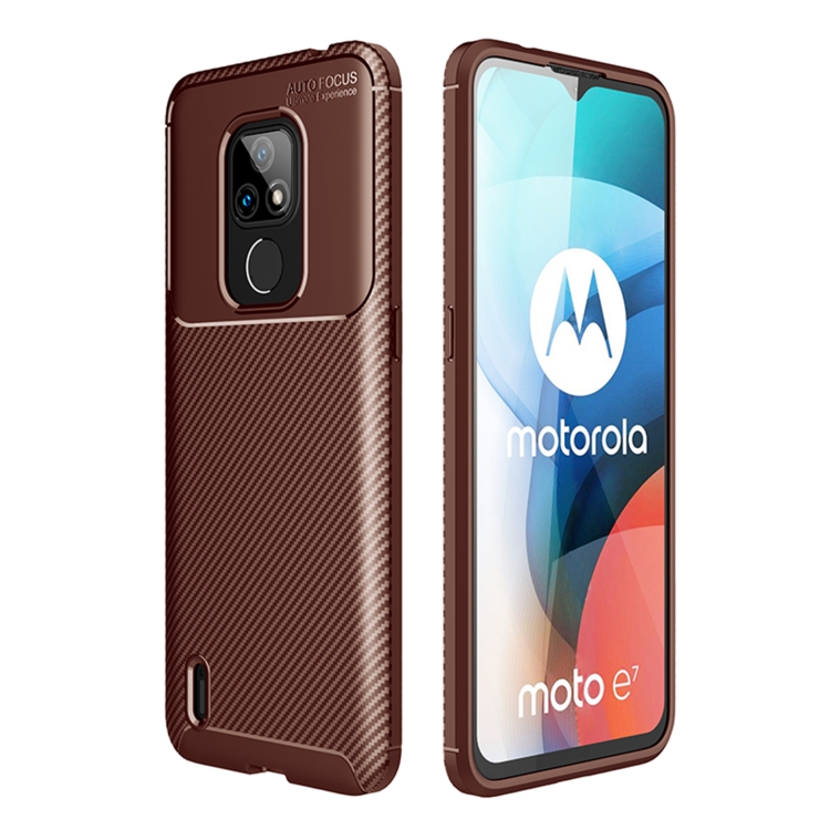 

For Motorola Moto E7 (2020) Carbon Fiber Texture Shockproof TPU Case(Brown)