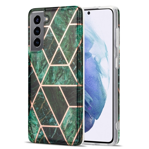 

For Samsung Galaxy S21 5G Electroplating Stitching Marbled IMD Stripe Straight Edge Rubik Cube Phone Protective Case(Emerald Green)