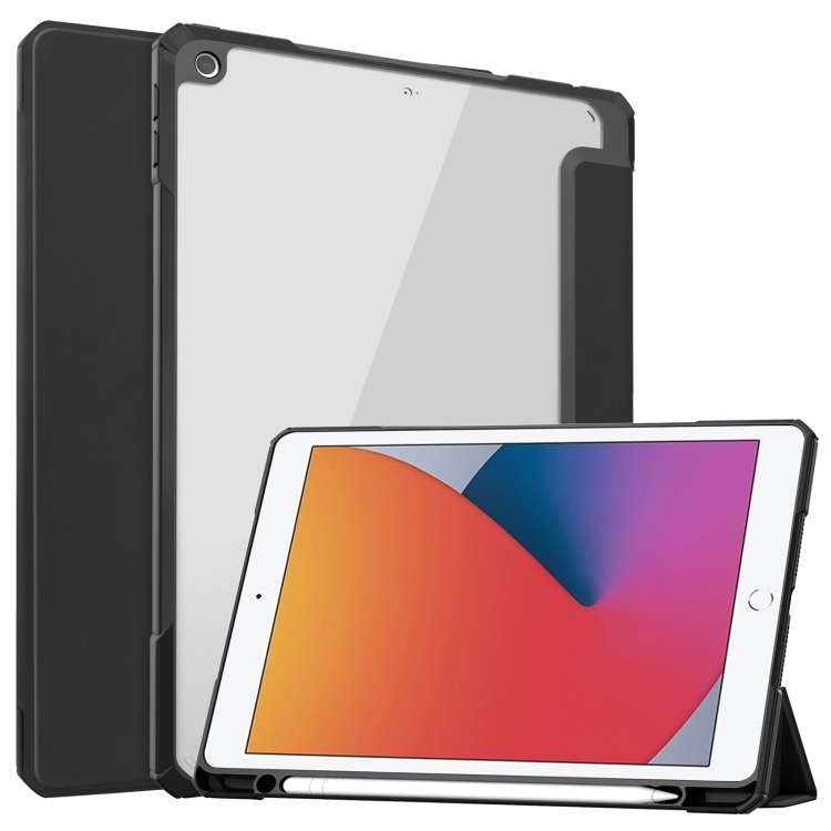 

For iPad 10.2 2021 / 2020 / 2019 Transparent Acrylic + TPU Back Cover Horizontal Flip Leather Case with 3-folding Holder & Pen Holder & Sleep / Wake-up Function(Black)