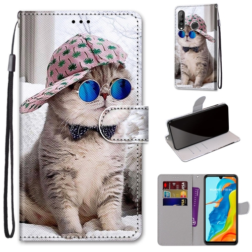 

For Huawei P30 Lite Coloured Drawing Cross Texture Horizontal Flip PU Leather Case with Holder & Card Slots & Wallet & Lanyard(B20 Slant Hat Blue Mirror Cat)