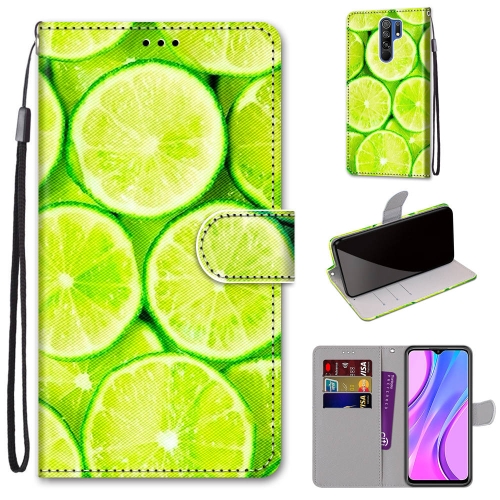 

For Xiaomi Redmi 9 Coloured Drawing Cross Texture Horizontal Flip PU Leather Case with Holder & Card Slots & Wallet & Lanyard(Green Lemon)