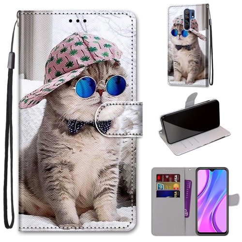 

For Xiaomi Redmi 9 Coloured Drawing Cross Texture Horizontal Flip PU Leather Case with Holder & Card Slots & Wallet & Lanyard(Slant Hat Blue Mirror Cat)