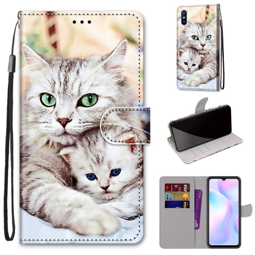 For Xiaomi Redmi 9A Coloured Drawing Cross Texture Horizontal Flip PU Leather Case with Holder & Card Slots & Wallet & Lanyard(Big Cat Holding Kitten) for xiaomi redmi note 12 turbo texture gradient glass tpu phone case rose red