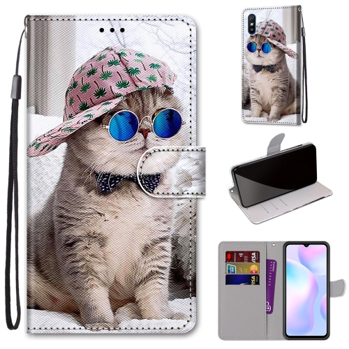 

For Xiaomi Redmi 9A Coloured Drawing Cross Texture Horizontal Flip PU Leather Case with Holder & Card Slots & Wallet & Lanyard(Slant Hat Blue Mirror Cat)