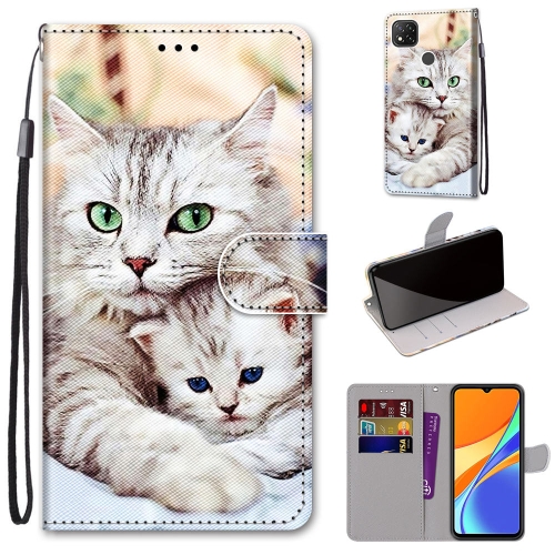 

For Xiaomi Redmi 9C Coloured Drawing Cross Texture Horizontal Flip PU Leather Case with Holder & Card Slots & Wallet & Lanyard(Big Cat Holding Kitten)