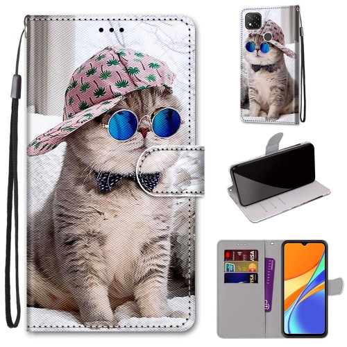 

For Xiaomi Redmi 9C Coloured Drawing Cross Texture Horizontal Flip PU Leather Case with Holder & Card Slots & Wallet & Lanyard(Slant Hat Blue Mirror Cat)