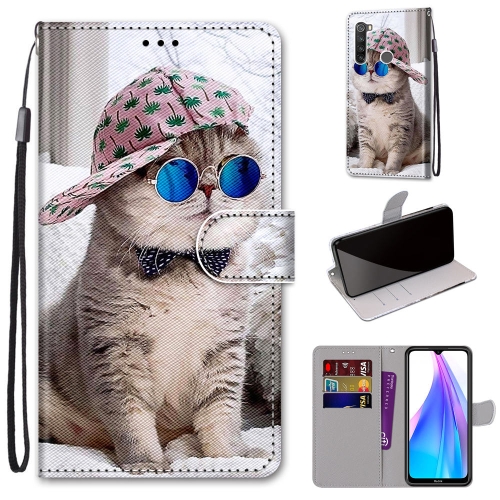 

For Xiaomi Redmi Note 8T Coloured Drawing Cross Texture Horizontal Flip PU Leather Case with Holder & Card Slots & Wallet & Lanyard(Slant Hat Blue Mirror Cat)