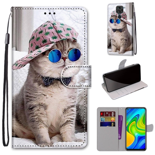 

For Xiaomi Redmi Note 9 / 10X 4G Coloured Drawing Cross Texture Horizontal Flip PU Leather Case with Holder & Card Slots & Wallet & Lanyard(Slant Hat Blue Mirror Cat)