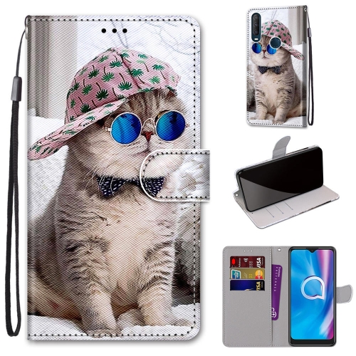 

For Alcatel 1SE (2020) Coloured Drawing Cross Texture Horizontal Flip PU Leather Case with Holder & Card Slots & Wallet & Lanyard(Slant Hat Blue Mirror Cat)