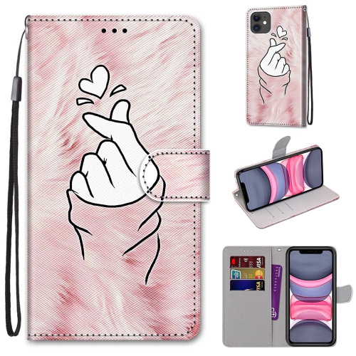 

For iPhone 11 Coloured Drawing Cross Texture Horizontal Flip PU Leather Case with Holder & Card Slots & Wallet & Lanyard (Pink Hands Heart)