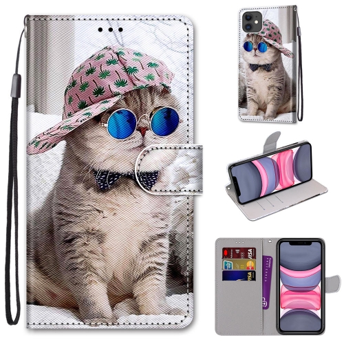 

For iPhone 11 Coloured Drawing Cross Texture Horizontal Flip PU Leather Case with Holder & Card Slots & Wallet & Lanyard (Slant Hat Blue Mirror Cat)