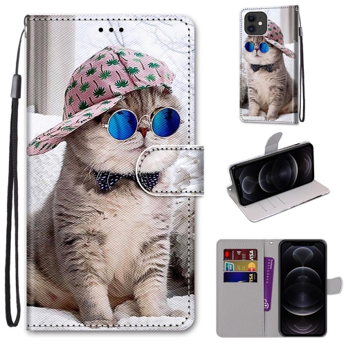 

For iPhone 12 / 12 Pro Coloured Drawing Cross Texture Horizontal Flip PU Leather Case with Holder & Card Slots & Wallet & Lanyard(Slant Hat Blue Mirror Cat)