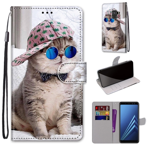

For Samsung Galaxy A8 2018 Coloured Drawing Cross Texture Horizontal Flip PU Leather Case with Holder & Card Slots & Wallet & Lanyard(Oblique Hat Blue Mirror Cat)