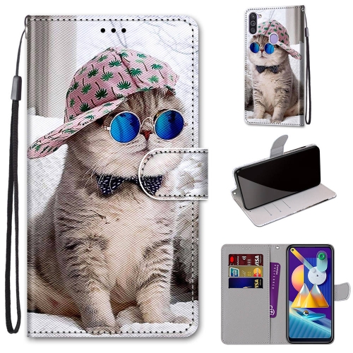 

For Samsung Galaxy M11 & A11 Coloured Drawing Cross Texture Horizontal Flip PU Leather Case with Holder & Card Slots & Wallet & Lanyard(Oblique Hat Blue Mirror Cat)