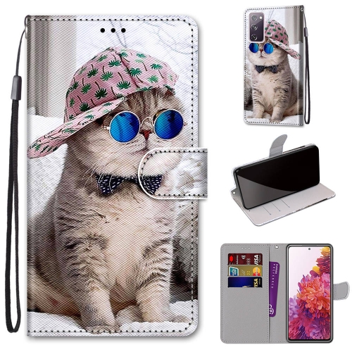 

For Samsung Galaxy S20 FE 5G Coloured Drawing Cross Texture Horizontal Flip PU Leather Case with Holder & Card Slots & Wallet & Lanyard(Oblique Hat Blue Mirror Cat)