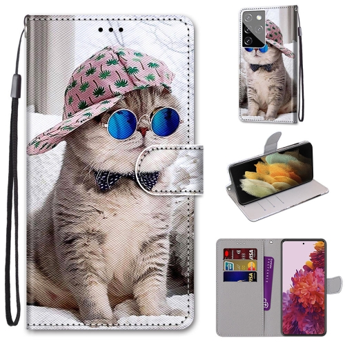 

For Samsung Galaxy S21 Ultra 5G Coloured Drawing Cross Texture Horizontal Flip PU Leather Case with Holder & Card Slots & Wallet & Lanyard(Oblique Hat Blue Mirror Cat)