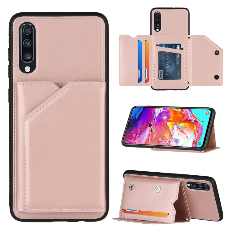 Dành cho Samsung Galaxy A70 A70s Skin Feel Nắp lưng PU TPU PC Vỏ  chống sốc có khe cắm thẻ giá đỡ Khung ảnh (Vàng hồng)