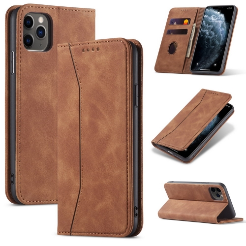 

For iPhone 12 / 12 Pro Skin-feel Calfskin Texture Magnetic Dual-Fold Horizontal Flip Leather Case with Holder & Card Slots & Wallet(Brown)