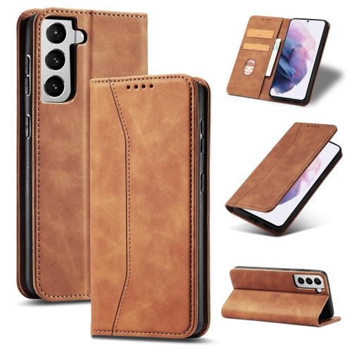 

For Samsung Galaxy S21+ 5G Skin-feel Calfskin Texture Magnetic Dual-Fold Horizontal Flip Leather Case with Holder & Card Slots & Wallet(Brown)