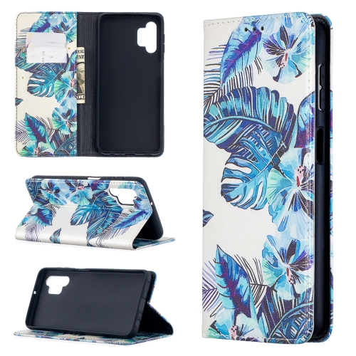 

For Samsung Galaxy A32 5G Colored Drawing Pattern Invisible Magnetic Horizontal Flip PU Leather Case with Holder & Card Slots & Wallet(Blue Leaf)