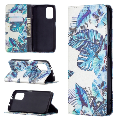 

For Xiaomi Poco M3 Colored Drawing Pattern Invisible Magnetic Horizontal Flip PU Leather Case with Holder & Card Slots & Wallet(Blue Leaf)