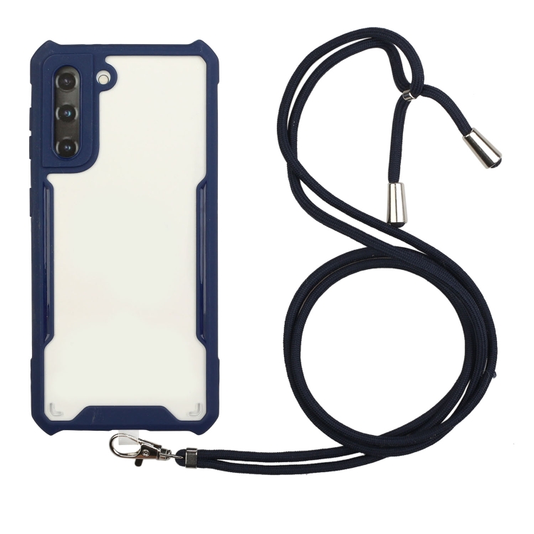 

For Samsung Galaxy S21 5G Acrylic + Color TPU Shockproof Case with Neck Lanyard(Dark Blue)