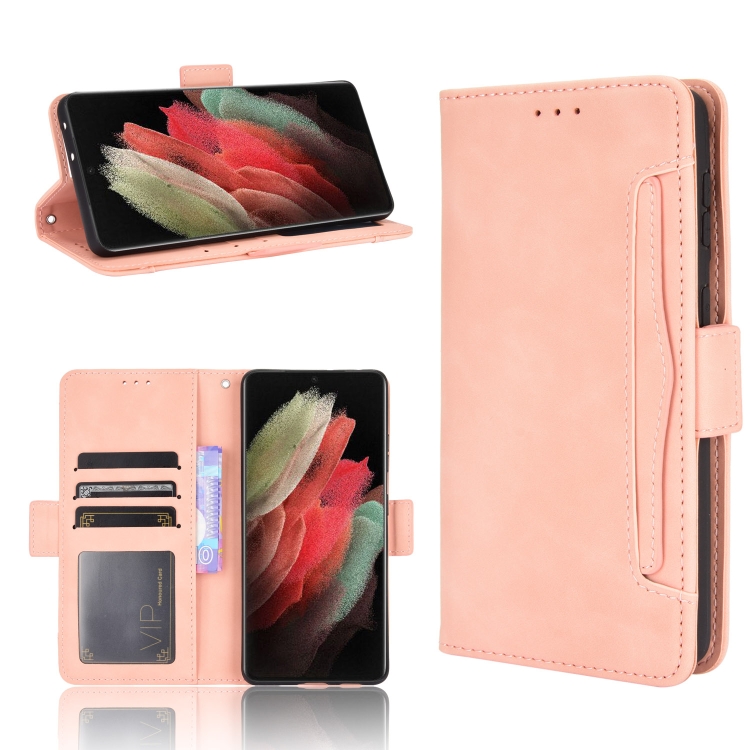 

For Samsung Galaxy S21 Ultra 5G Skin Feel Calf Pattern Horizontal Flip Leather Case with Holder & Card Slots & Photo Frame(Pink)