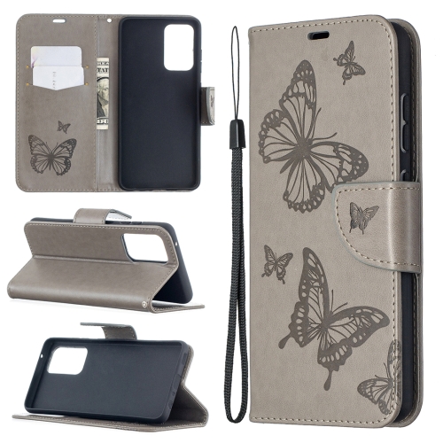 

For Samsung Galaxy A52 5G / 4G Embossing Two Butterflies Pattern Horizontal Flip PU Leather Case with Holder & Card Slot & Wallet & Lanyard(Grey)