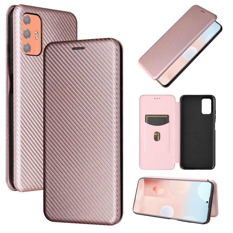 

For HTC Desire 21 Pro Carbon Fiber Texture Magnetic Horizontal Flip TPU + PC + PU Leather Case with Card Slot(Pink)