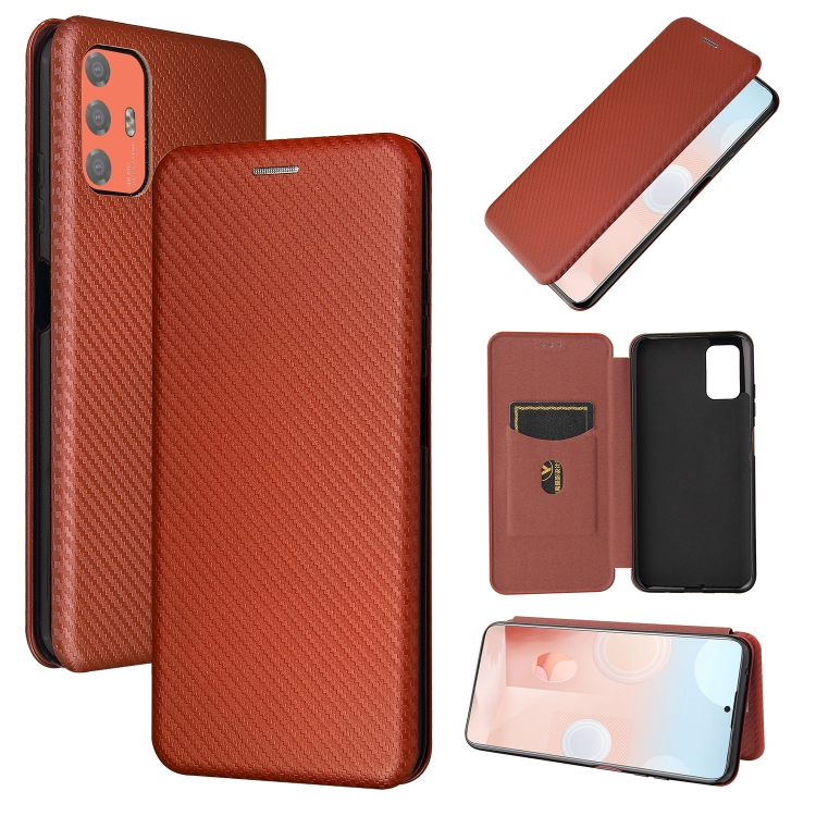 

For HTC Desire 21 Pro Carbon Fiber Texture Magnetic Horizontal Flip TPU + PC + PU Leather Case with Card Slot(Brown)