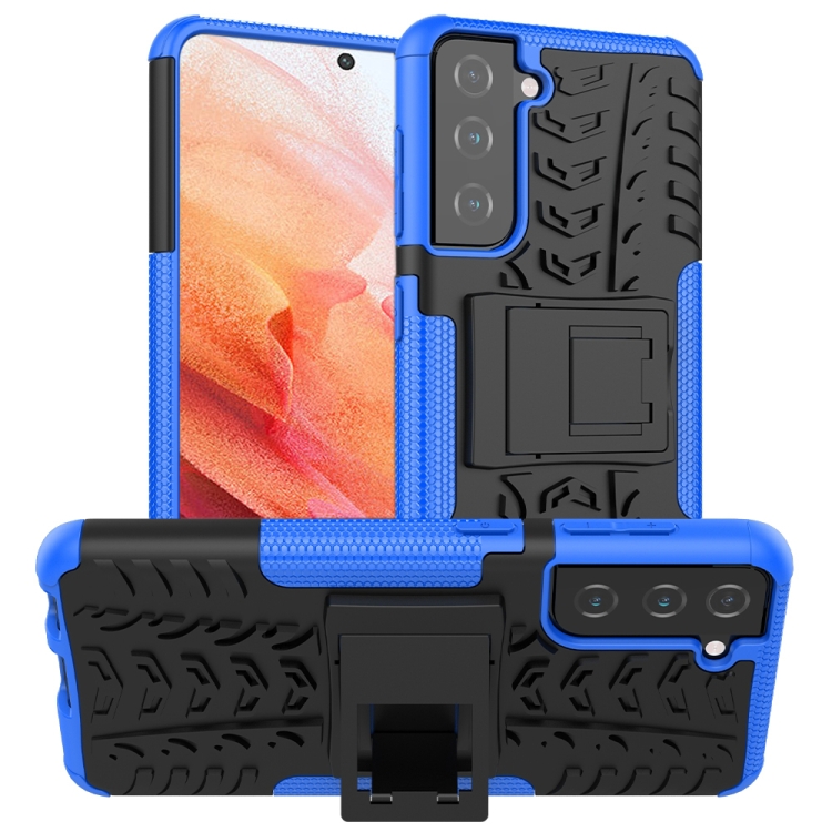 

For Samsung Galaxy S21 5G Tire Texture Shockproof TPU+PC Protective Case with Holder(Blue)