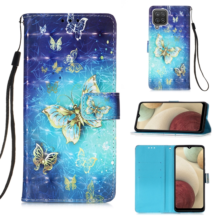 

For Samsung Galaxy A12 3D Painting Horizontal Flip Leather Case with Holder & Card Slot & Wallet & Lanyard(Golden Butterfly)