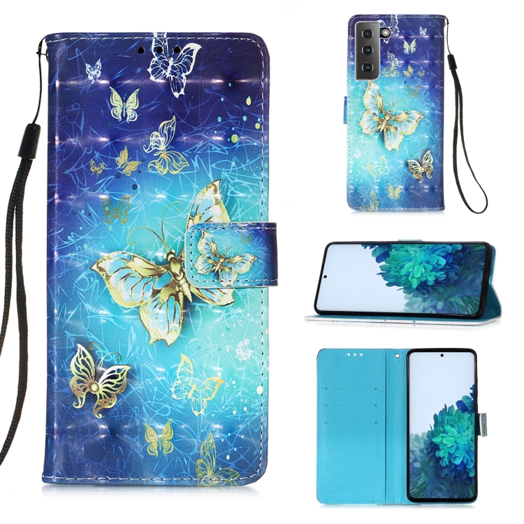 

For Samsung Galaxy 21 5G 3D Painting Horizontal Flip Leather Case with Holder & Card Slot & Wallet & Lanyard(Golden Butterfly)