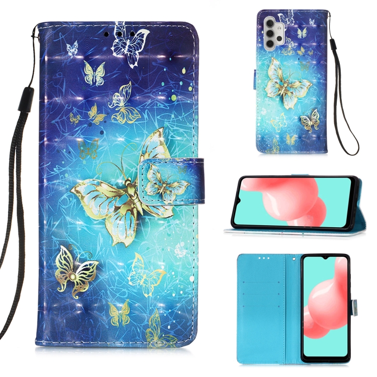 

For Samsung Galaxy A32 5G 3D Painting Horizontal Flip Leather Case with Holder & Card Slot & Wallet & Lanyard(Golden Butterfly)