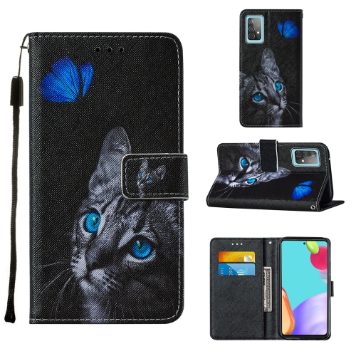 

For Samsung Galaxy A52 5G / 4G Cross Texture Painting Pattern Horizontal Flip Leather Case with Holder & Card Slots & Wallet & Lanyard(Blue Butterfly Cat Eyes)