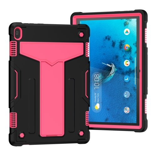 

For Lenovo M10 FHD REL TB-X605F T-shaped Bracket Contrast Color Shockproof PC + Silicone Protective Case(Black + Rose Red)