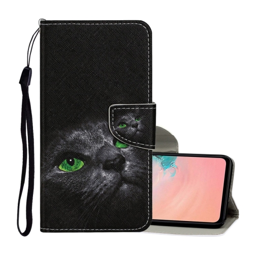 

For Samsung Galaxy A12 Colored Drawing Pattern Horizontal Flip Leather Case with Holder & Card Slots & Wallet & Lanyard(Black Cat)