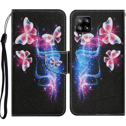 

For Samsung Galaxy A12 Coloured Drawing Pattern Horizontal Flip PU Leather Case with Holder & Card Slots & Wallet & Lanyard(Three Fluorescent Butterflies)