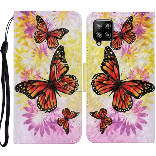 

For Samsung Galaxy A12 Coloured Drawing Pattern Horizontal Flip PU Leather Case with Holder & Card Slots & Wallet & Lanyard(Chrysanthemum Butterfly)